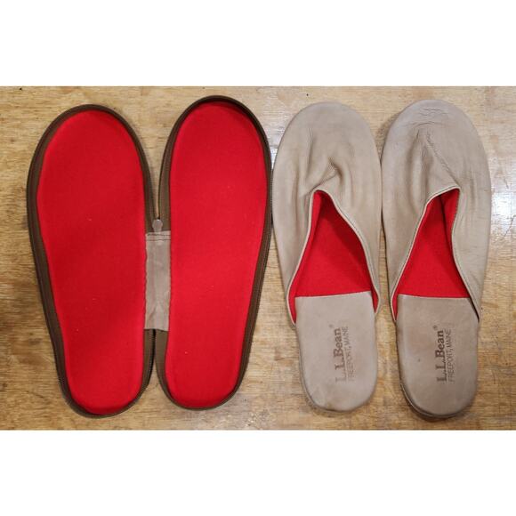 Rare LL Bean Slippers Beige Teavel Slippers W/ Zippered Case Mens Large Deerskin main image 7